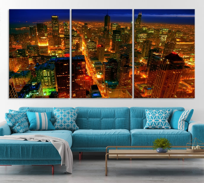 Extra Large Chicago City Aerial Night Skyline Canvas Print