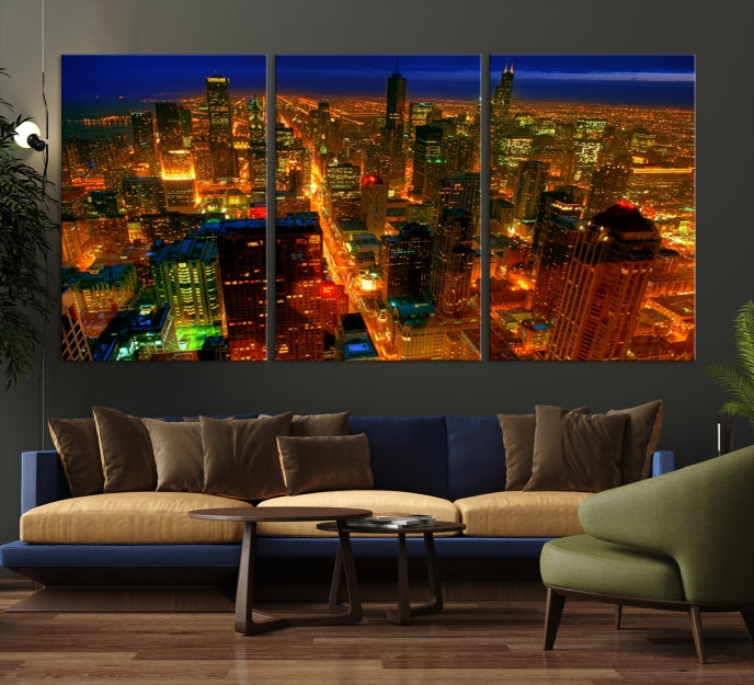 Extra Large Chicago City Aerial Night Skyline Canvas Print