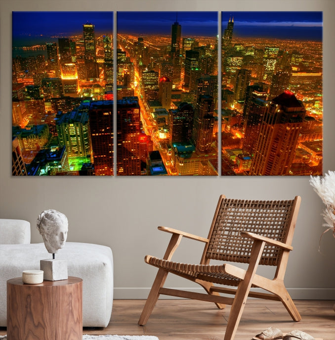 Extra Large Chicago City Aerial Night Skyline Canvas Print