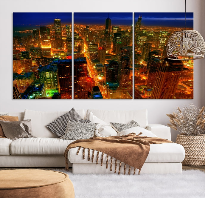 Extra Large Chicago City Aerial Night Skyline Canvas Print