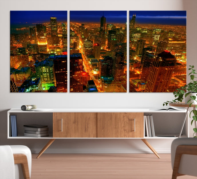 Extra Large Chicago City Aerial Night Skyline Canvas Print