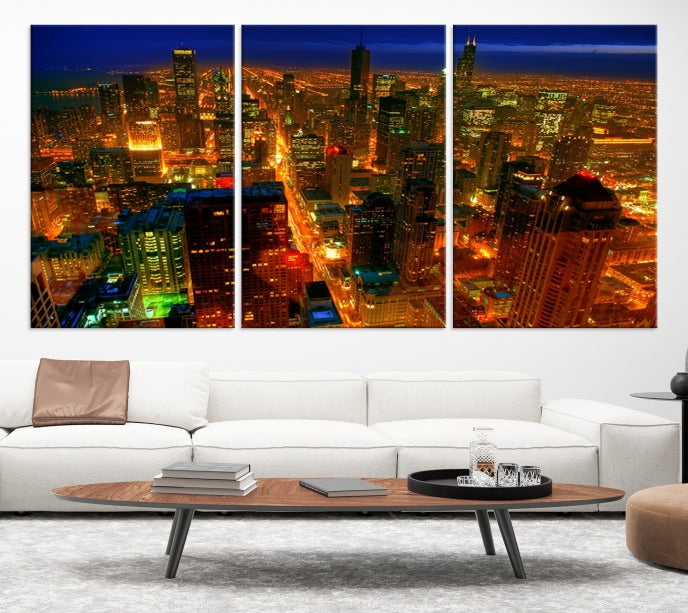 Extra Large Chicago City Aerial Night Skyline Canvas Print