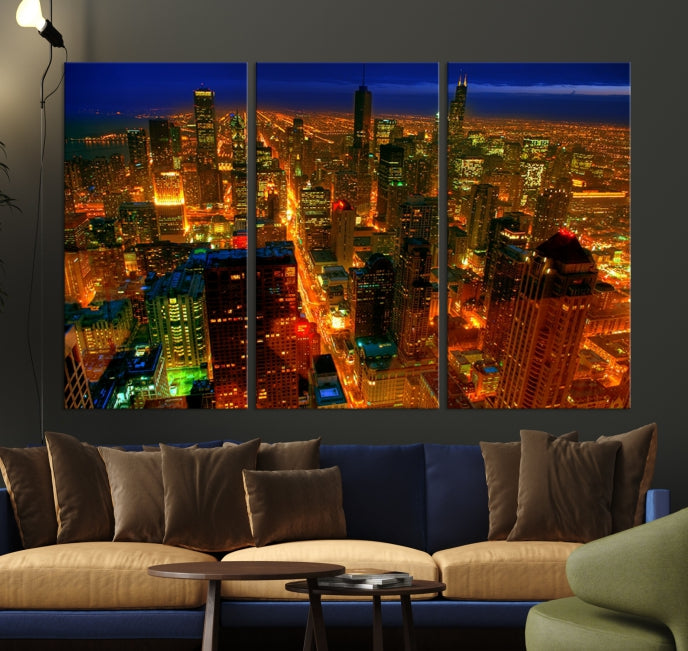 Extra Large Chicago City Aerial Night Skyline Canvas Print