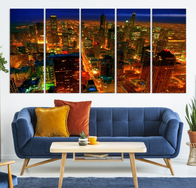 Extra Large Chicago City Aerial Night Skyline Canvas Print