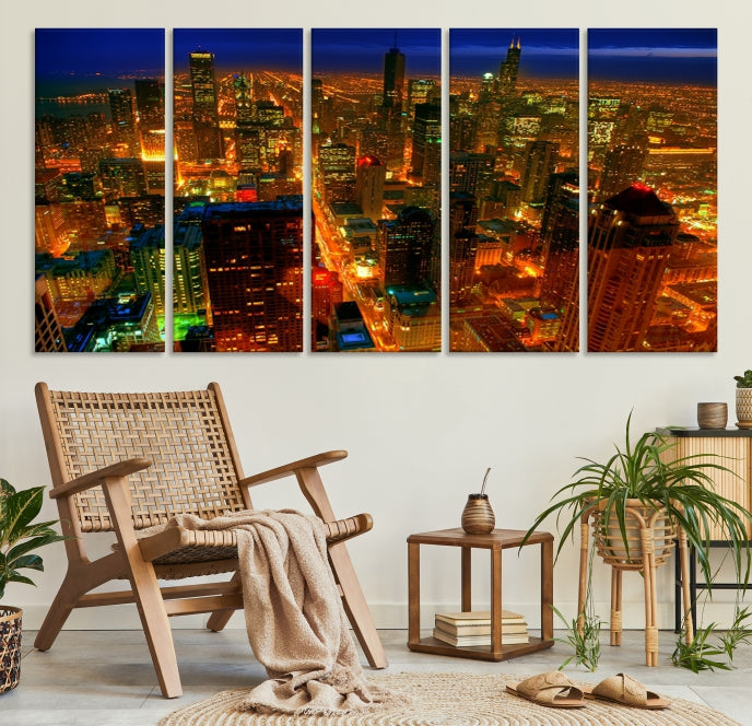 Extra Large Chicago City Aerial Night Skyline Canvas Print