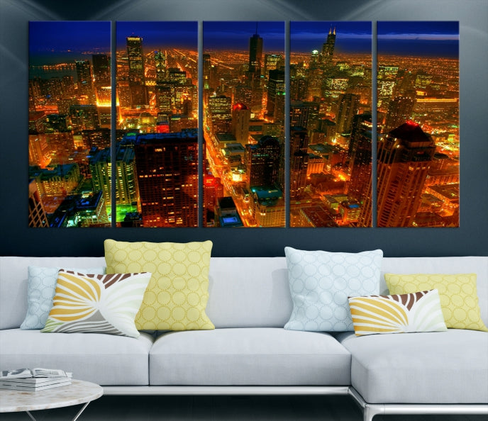 Extra Large Chicago City Aerial Night Skyline Canvas Print