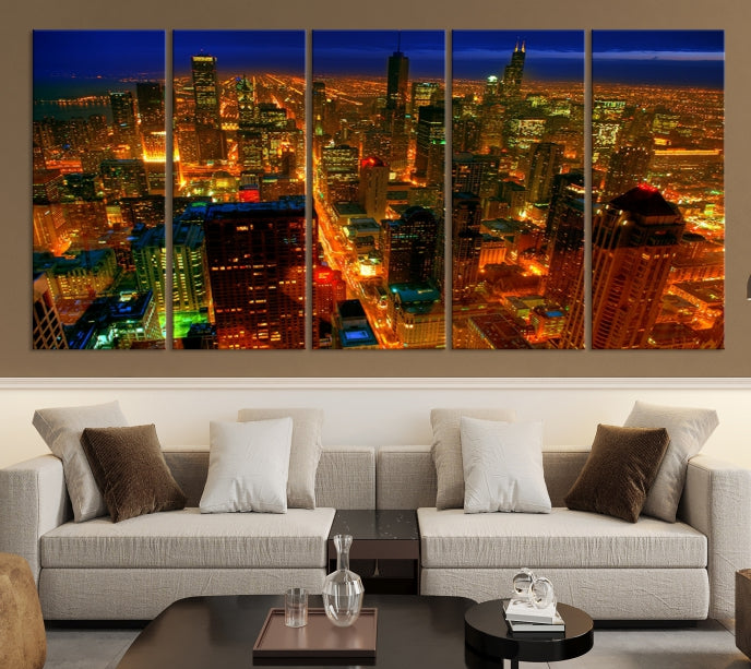 Extra Large Chicago City Aerial Night Skyline Canvas Print