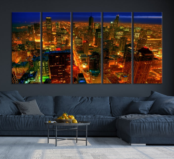 Extra Large Chicago City Aerial Night Skyline Canvas Print