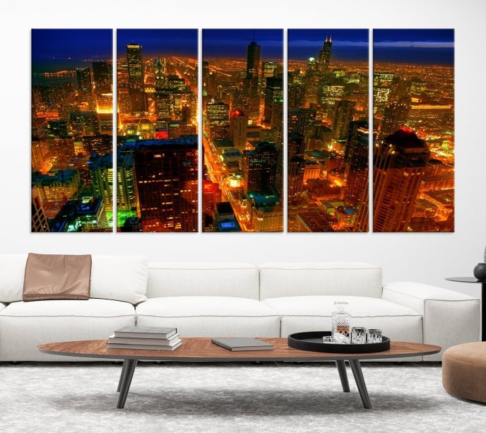 Extra Large Chicago City Aerial Night Skyline Canvas Print