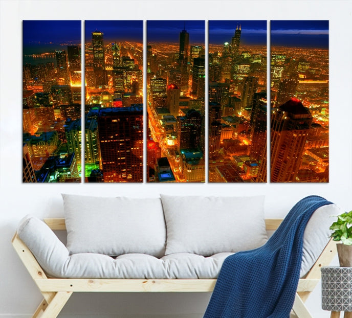 Extra Large Chicago City Aerial Night Skyline Canvas Print