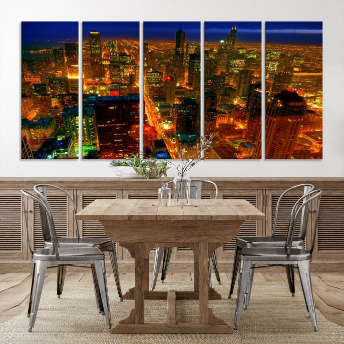 Extra Large Chicago City Aerial Night Skyline Canvas Print