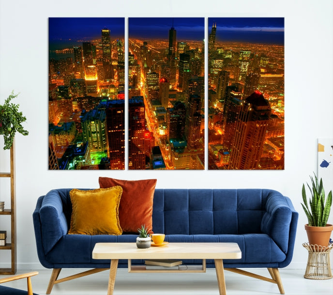 Extra Large Chicago City Aerial Night Skyline Canvas Print