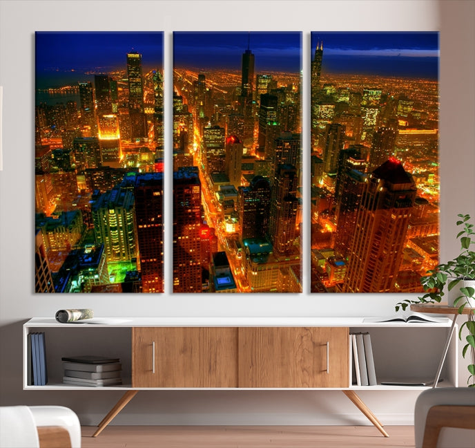 Extra Large Chicago City Aerial Night Skyline Canvas Print