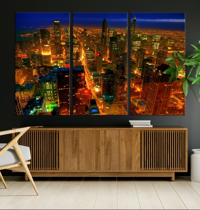 Extra Large Chicago City Aerial Night Skyline Canvas Print