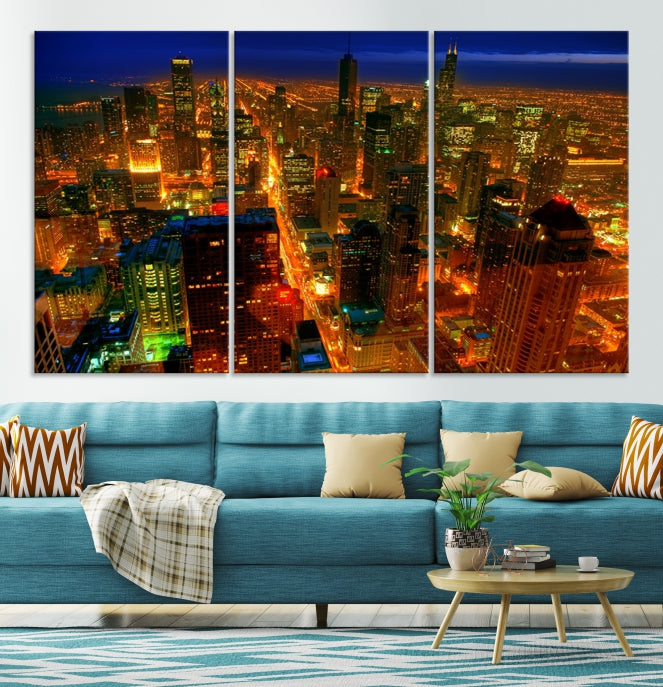 Extra Large Chicago City Aerial Night Skyline Canvas Print