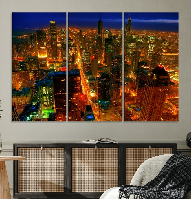 Extra Large Chicago City Aerial Night Skyline Canvas Print