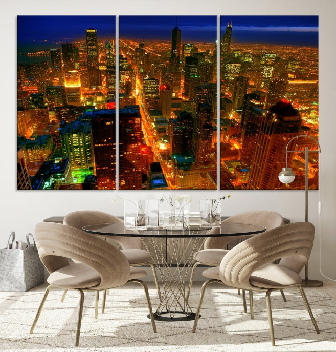 Extra Large Chicago City Aerial Night Skyline Canvas Print