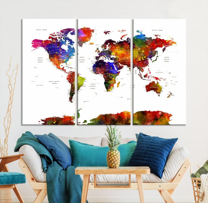 Extra Large Colorful World Map Framed Canvas Wall Art Print