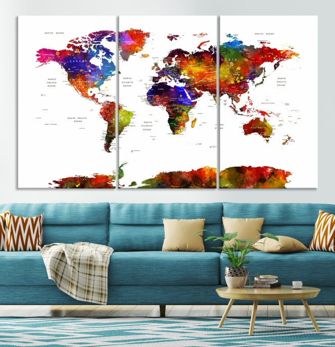 Extra Large Colorful World Map Framed Canvas Wall Art Print