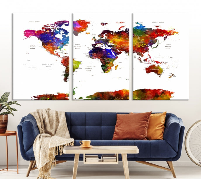 Extra Large Colorful World Map Framed Canvas Wall Art Print