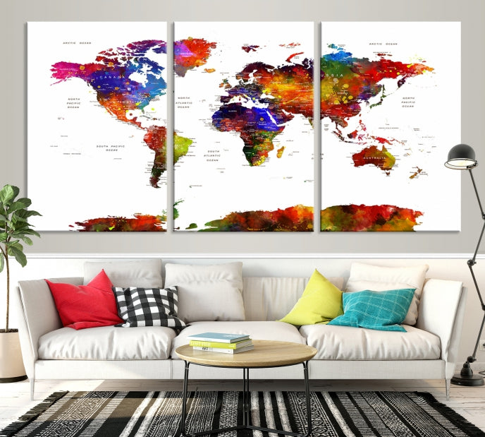 Extra Large Colorful World Map Framed Canvas Wall Art Print