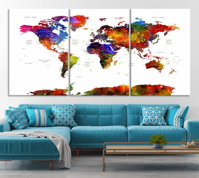 Extra Large Colorful World Map Framed Canvas Wall Art Print