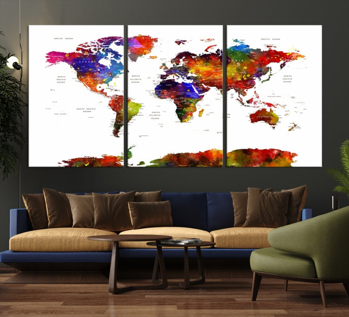 Extra Large Colorful World Map Framed Canvas Wall Art Print