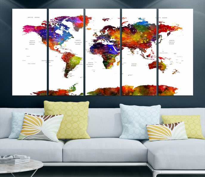 Extra Large Colorful World Map Framed Canvas Wall Art Print