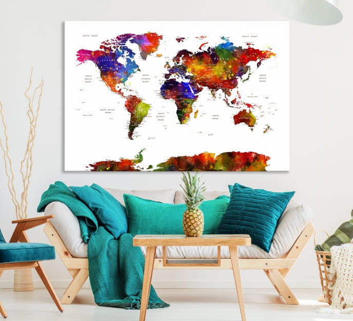 Extra Large Colorful World Map Framed Canvas Wall Art Print