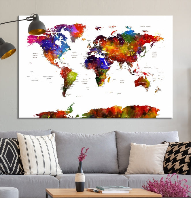 Extra Large Colorful World Map Framed Canvas Wall Art Print