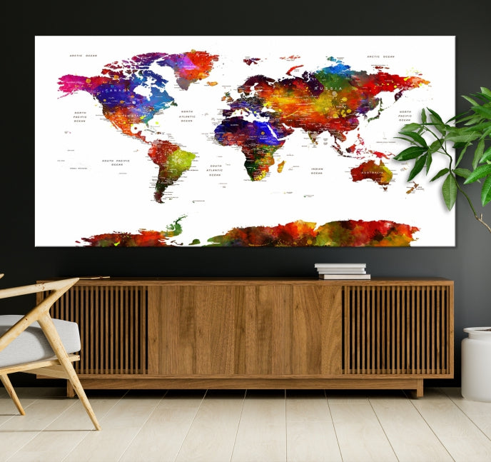 Extra Large Colorful World Map Framed Canvas Wall Art Print