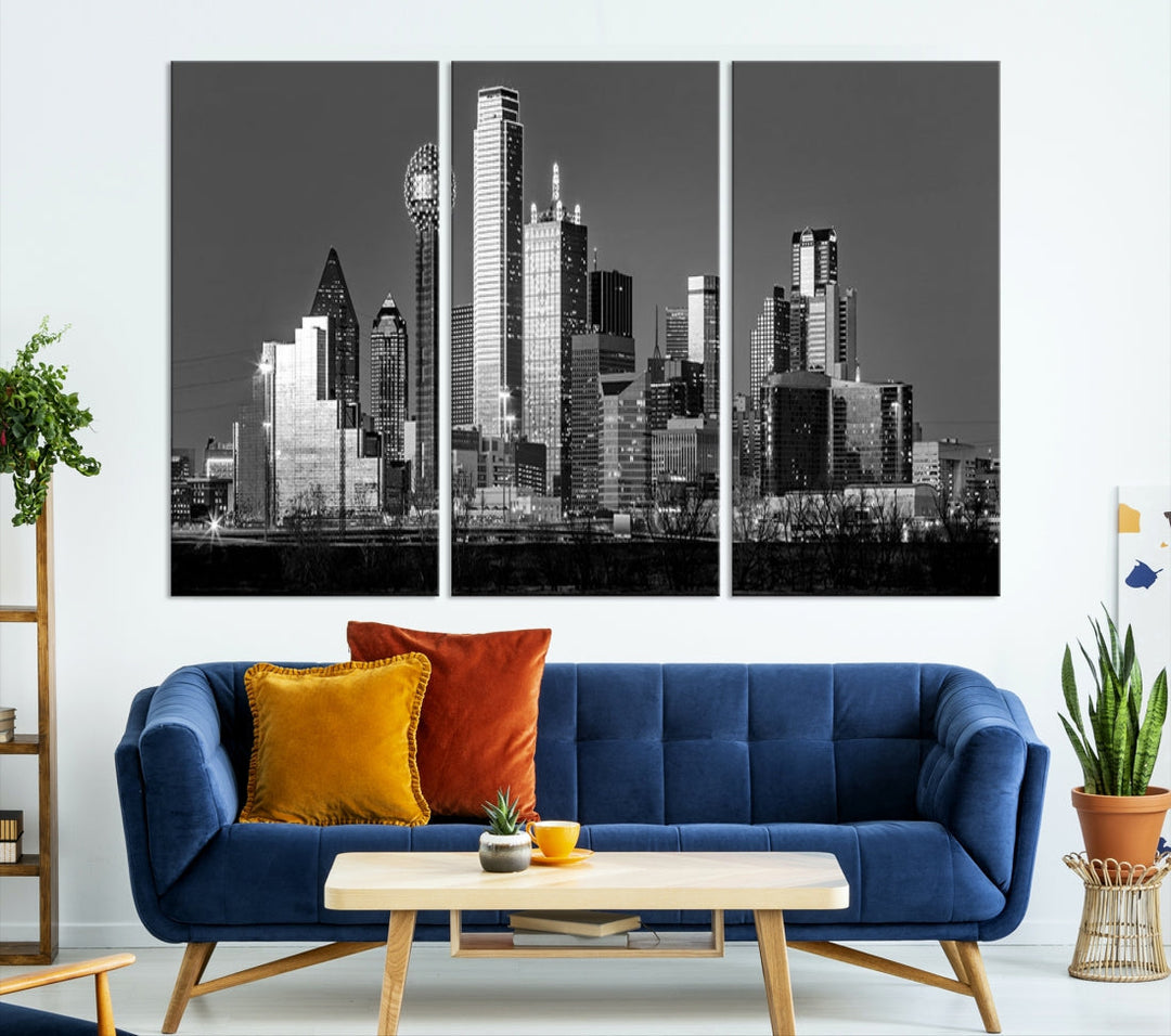 Extra Large Dallas Skyline Black and White Cityscape Wall Art Canvas Print