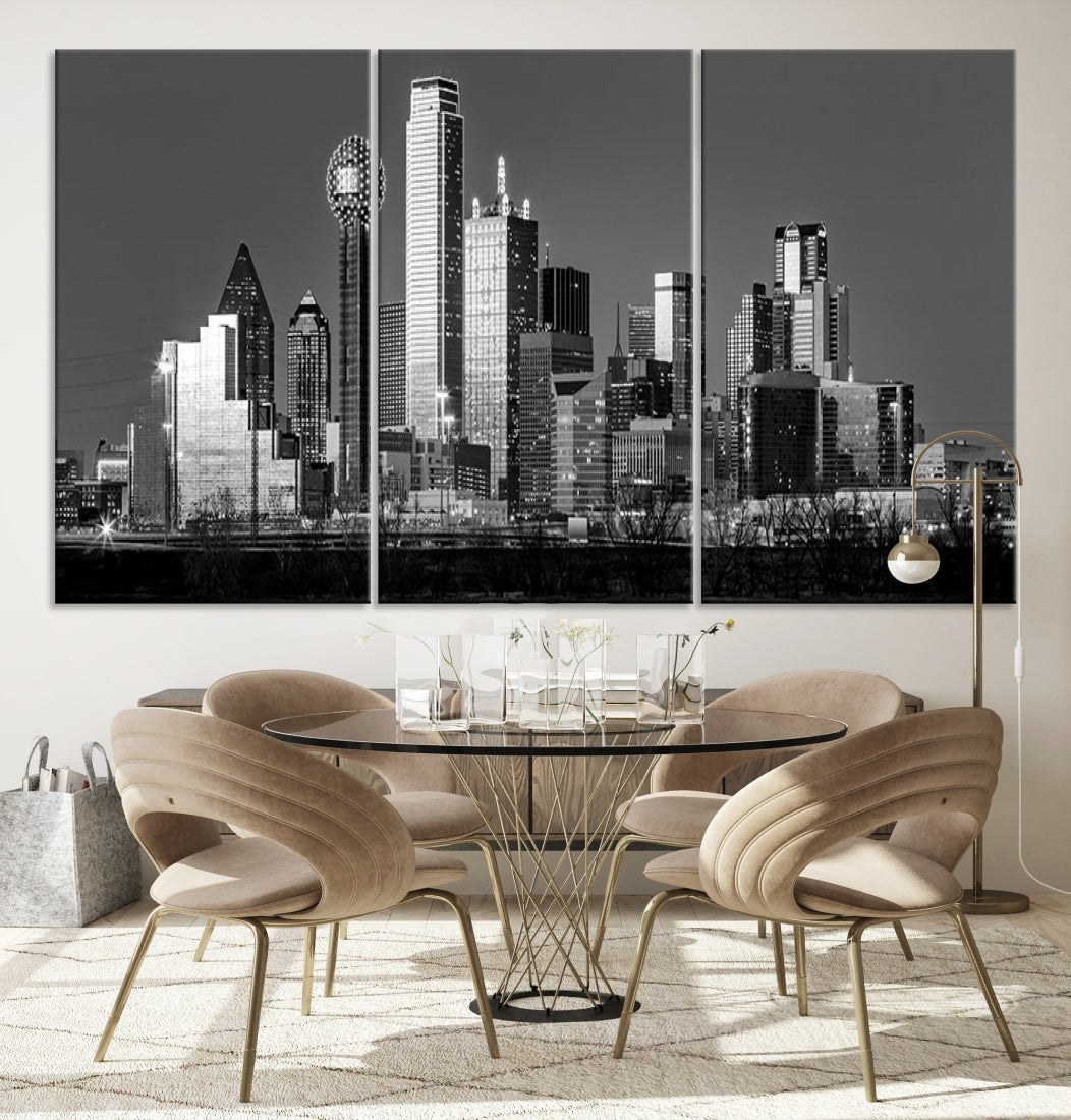 Extra Large Dallas Skyline Black and White Cityscape Wall Art Canvas Print