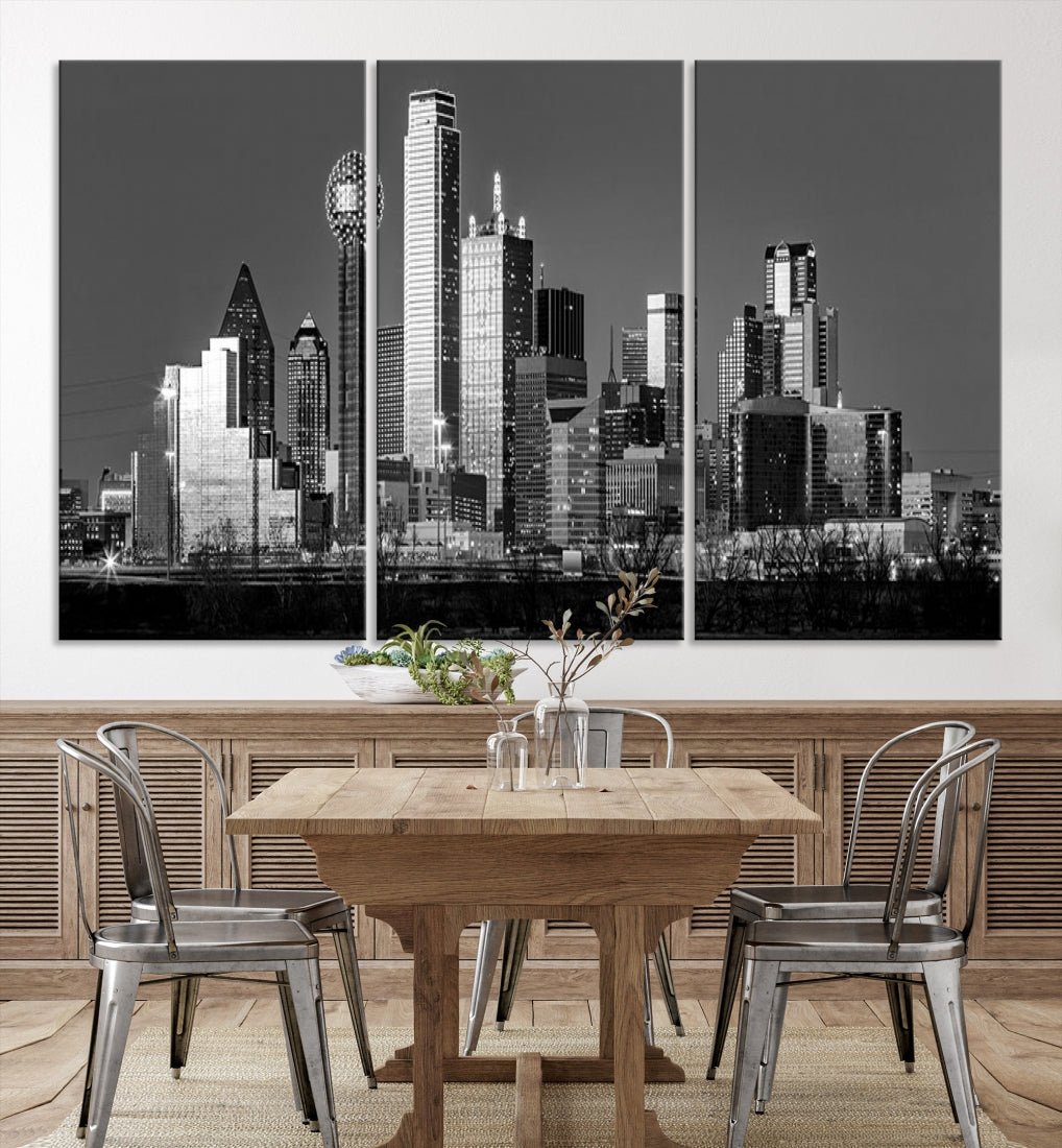 Extra Large Dallas Skyline Black and White Cityscape Wall Art Canvas Print