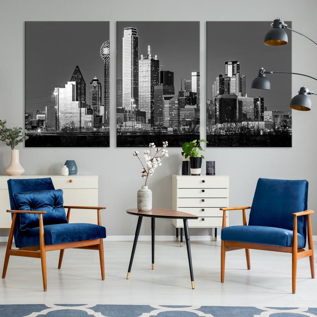 Extra Large Dallas Skyline Black and White Cityscape Wall Art Canvas Print