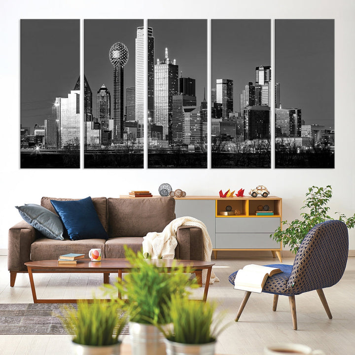 Extra Large Dallas Skyline Black and White Cityscape Wall Art Canvas Print