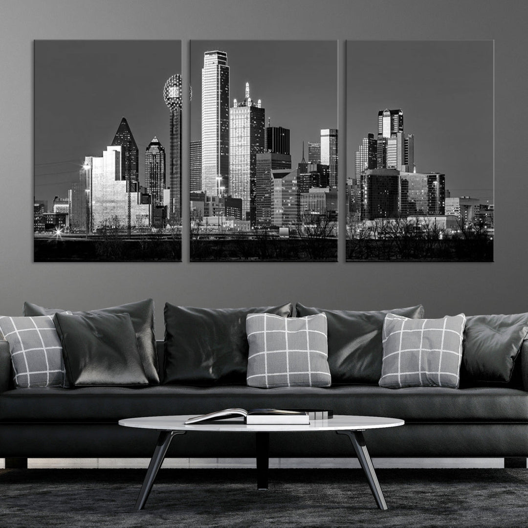 Extra Large Dallas Skyline Black and White Cityscape Wall Art Canvas Print