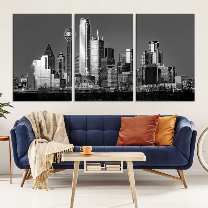 Extra Large Dallas Skyline Black and White Cityscape Wall Art Canvas Print