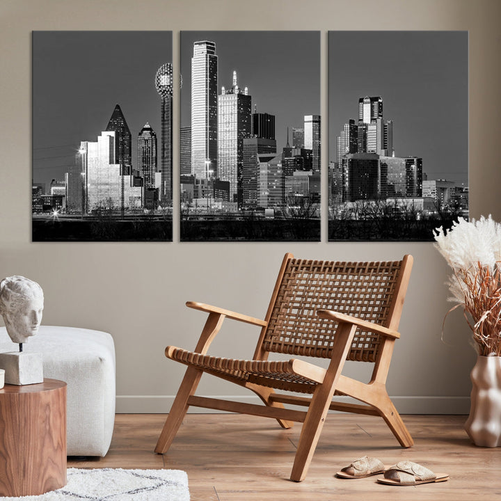 Extra Large Dallas Skyline Black and White Cityscape Wall Art Canvas Print