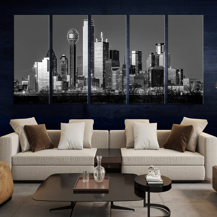 Extra Large Dallas Skyline Black and White Cityscape Wall Art Canvas Print