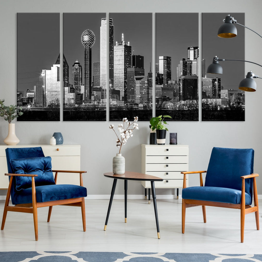 Extra Large Dallas Skyline Black and White Cityscape Wall Art Canvas Print