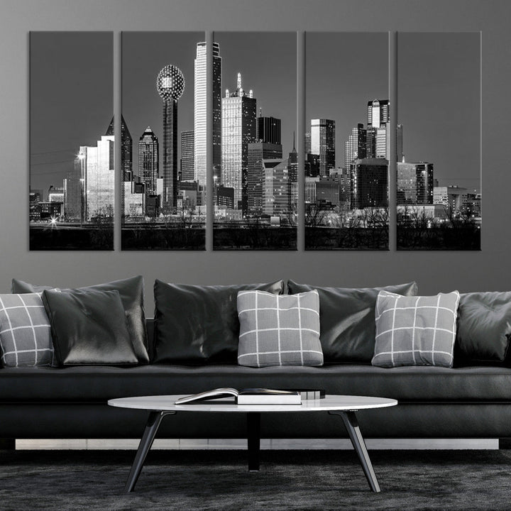 Extra Large Dallas Skyline Black and White Cityscape Wall Art Canvas Print