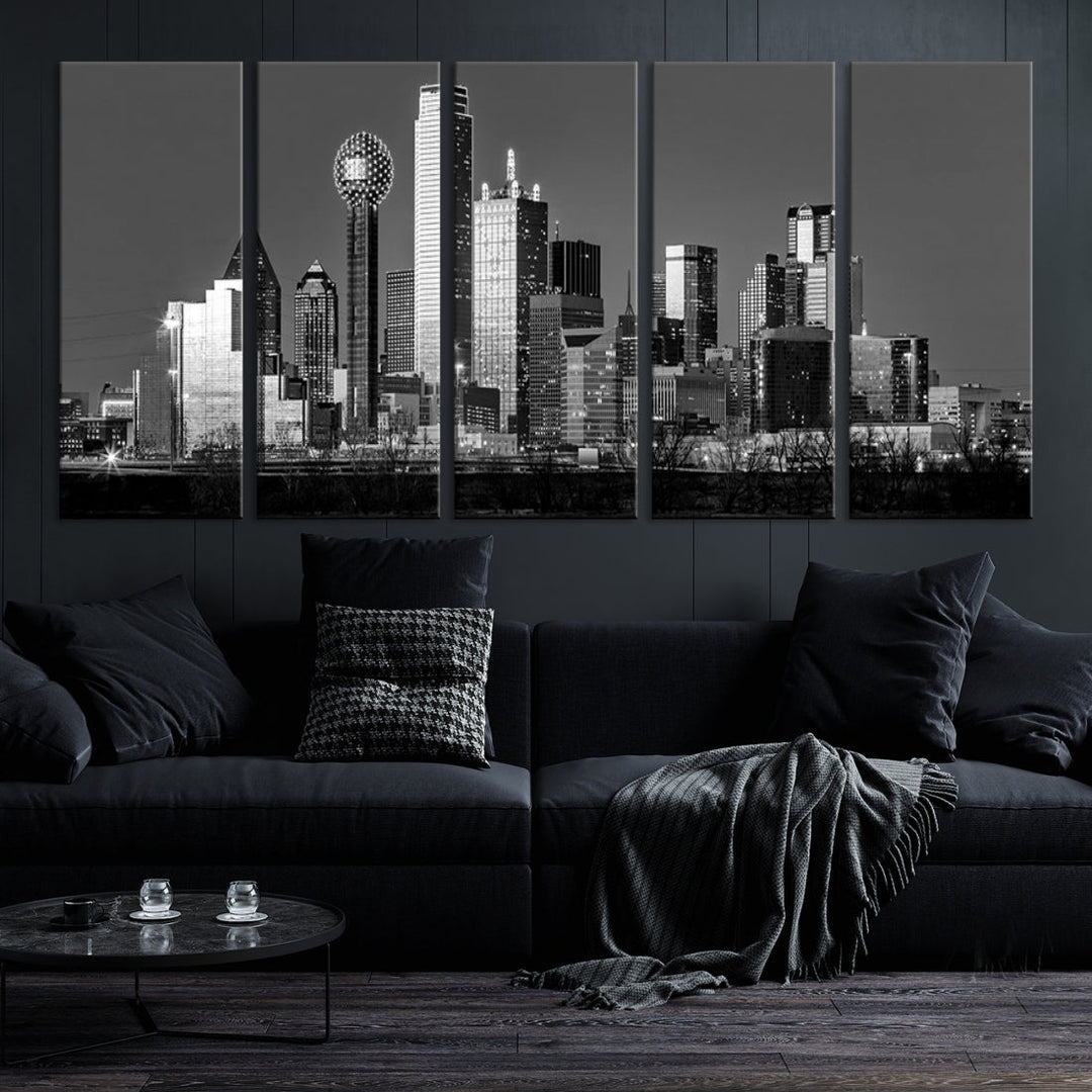 Extra Large Dallas Skyline Black and White Cityscape Wall Art Canvas Print