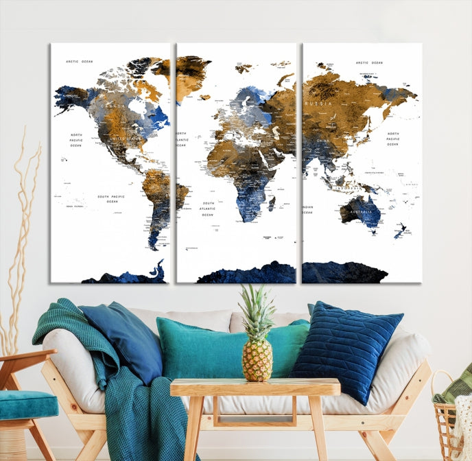 Extra Large Dark Colored Blue Brown World Map Wall Art Canvas Print