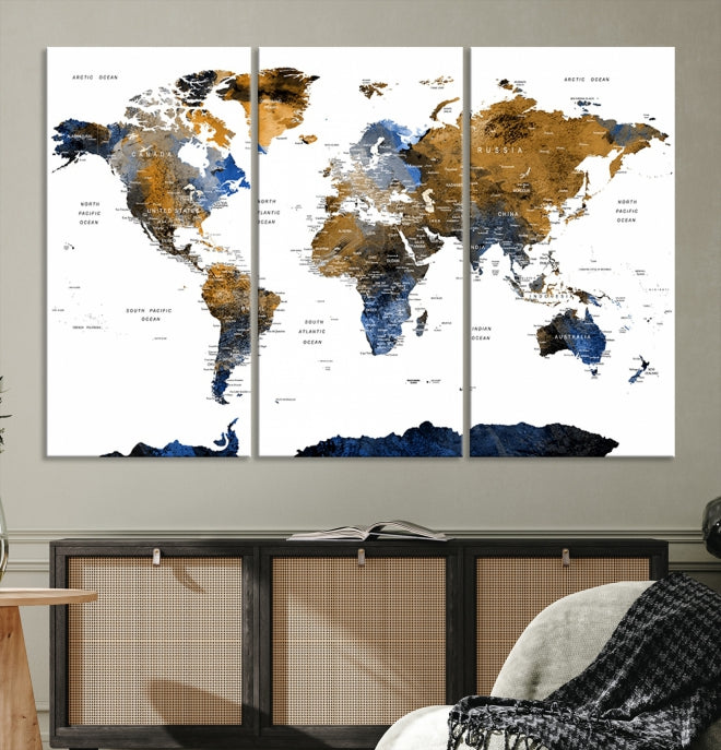 Extra Large Dark Colored Blue Brown World Map Wall Art Canvas Print