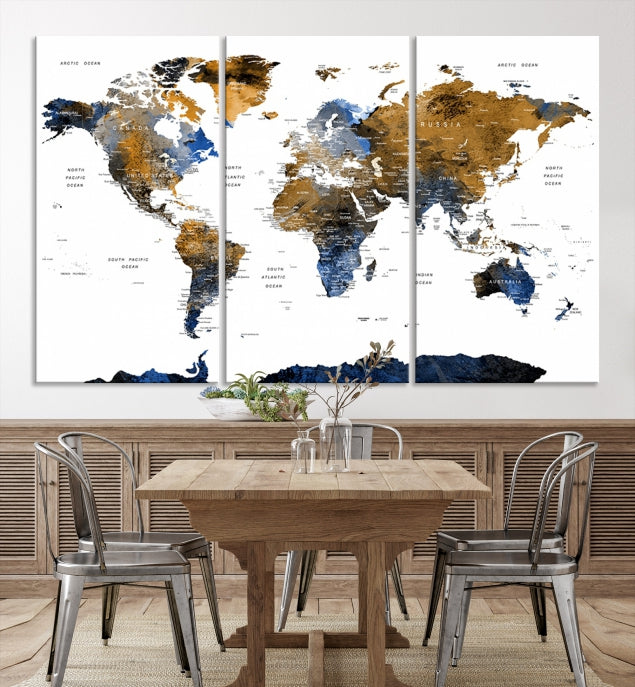 Extra Large Dark Colored Blue Brown World Map Wall Art Canvas Print