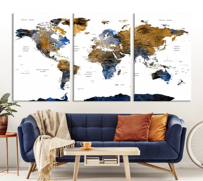 Extra Large Dark Colored Blue Brown World Map Wall Art Canvas Print