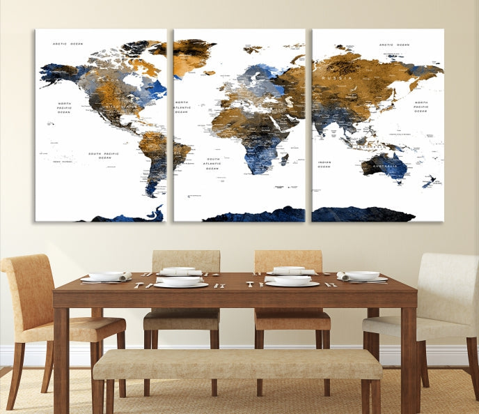 Extra Large Dark Colored Blue Brown World Map Wall Art Canvas Print