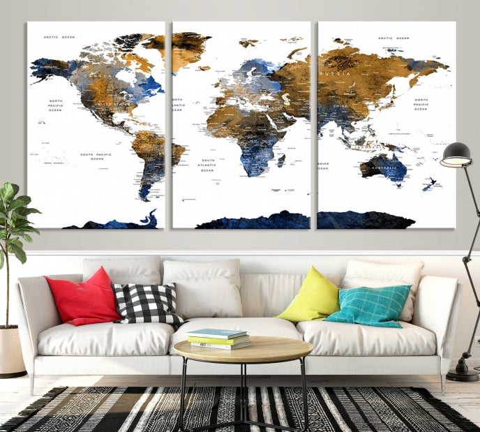 Extra Large Dark Colored Blue Brown World Map Wall Art Canvas Print