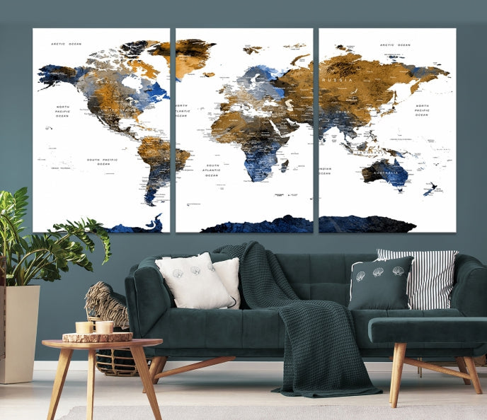 Extra Large Dark Colored Blue Brown World Map Wall Art Canvas Print